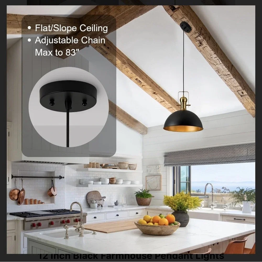 Modern Industrial 12-Inch Pendant Light - Matte Black with Gold Interior - NEW